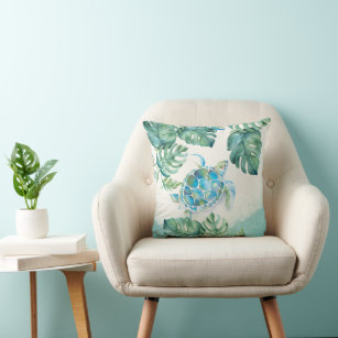 Unique Watercolor Sea Turtle on Palm Leaves Throw Pillow