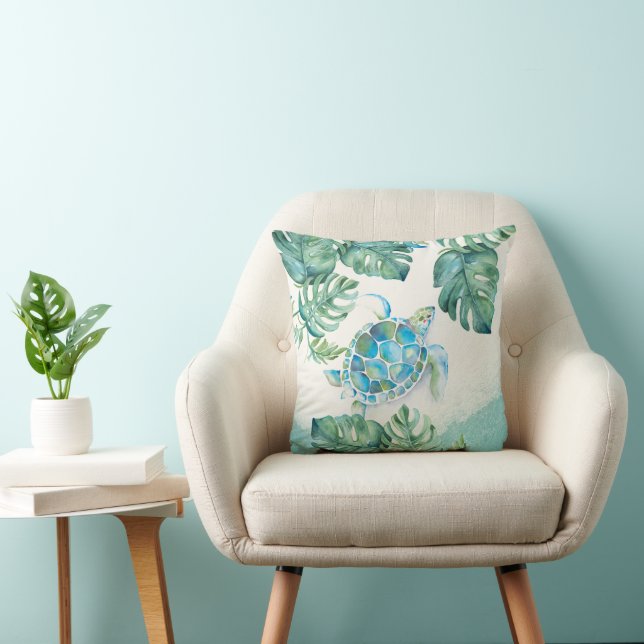 Unique Watercolor Sea Turtle on Palm Leaves Throw Pillow (Chair)