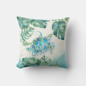 Unique Watercolor Sea Turtle on Palm Leaves Throw Pillow (Front)