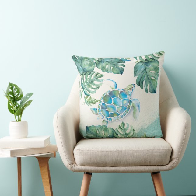Unique Watercolor Sea Turtle on Palm Leaves Throw Pillow (Chair)