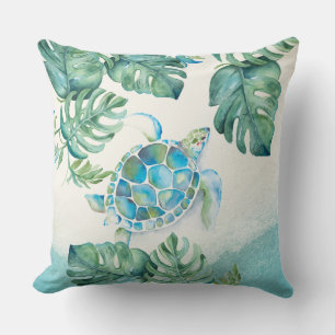 Unique Watercolor Sea Turtle on Palm Leaves Throw Pillow