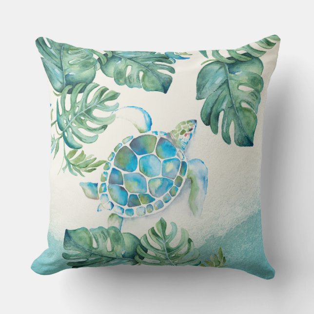Unique Watercolor Sea Turtle on Palm Leaves Throw Pillow (Front)
