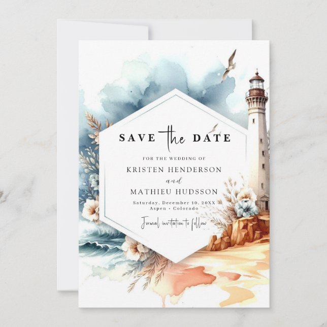 Unique Watercolor Whimsy Lighthouse Wedding Save The Date (Front)