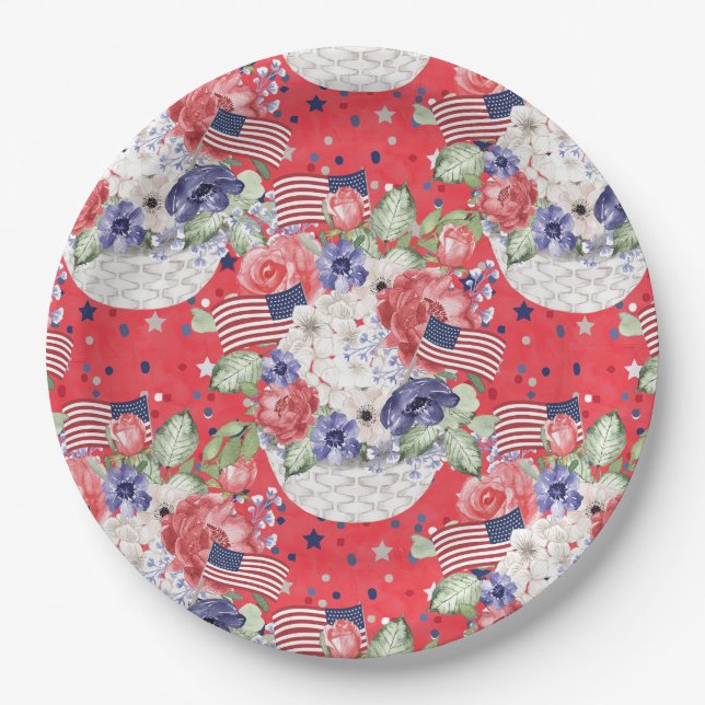 Unique watercolour floral pattern & the USA flag  Paper Plate (Front)