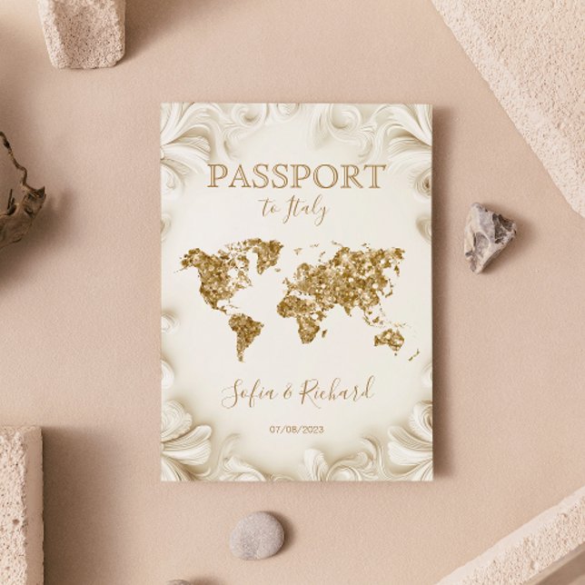 Unique Wedding Destination Passport Gold World Map Invitation (beige and gold glitter passport wedding invitation)