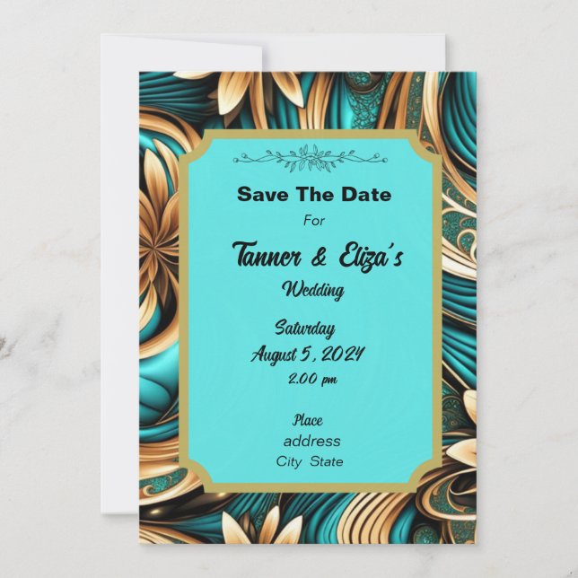 Unique Wedding Invite Blue Gold Swirls (Front)