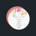 Unique Wedding Menu Card Designs Floral<br><div class="desc">This unique wedding menu card design features unique watercolor florals in shades of pink and orange. Use the template fields to DIY your personalized details and custom menu. The elegant round design is a charming choice for rustic and garden weddings. To see more wedding menu card ideas like this visit...</div>