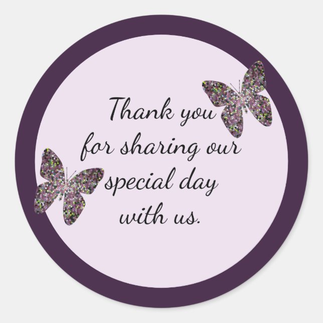 Unique Wedding Purple Mosaic Butterfly Thank You Classic Round Sticker (Front)