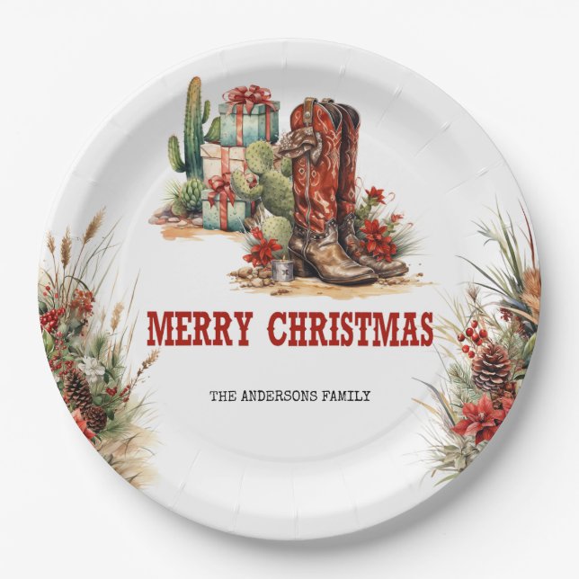 Unique western style with red cowboy boots paper plate (Front)