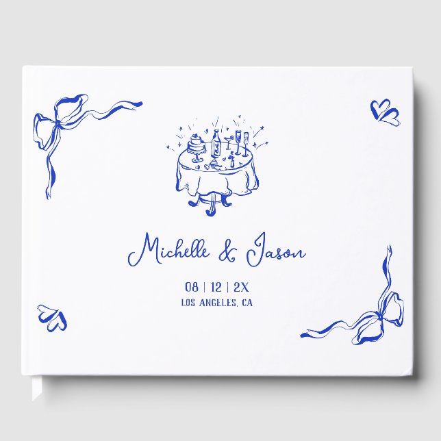 Unique Whimsical Blue Hand Drawn French Bow Photo Guest Book (Front)