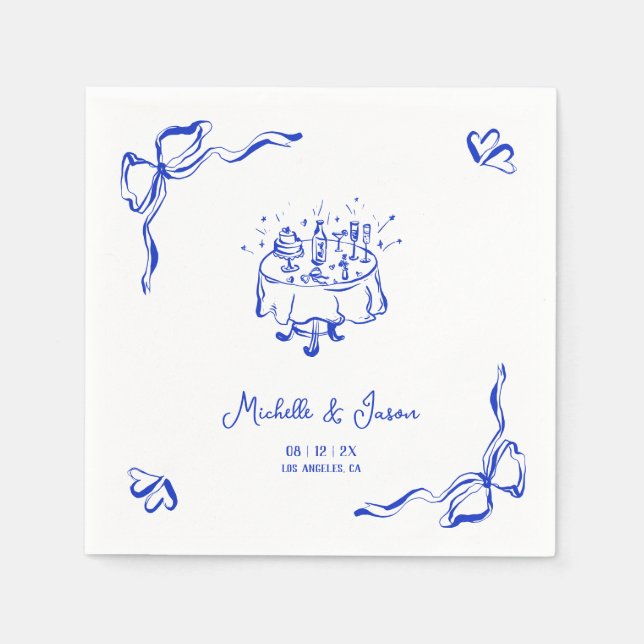Unique Whimsical Blue Hand Drawn French Bow Photo Napkin (Front)