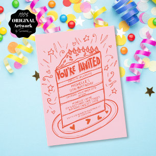 Unique Whimsical Fun Hand Drawn Birthday Cake Invitation