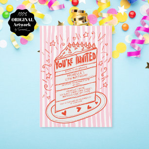 Unique Whimsical Hand Drawn Doodle Birthday Cake Invitation