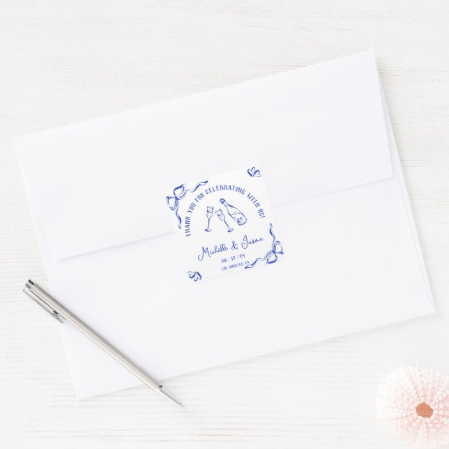 Unique Whimsical Hand Drawn French Bow Thank You Square Sticker (Envelope)