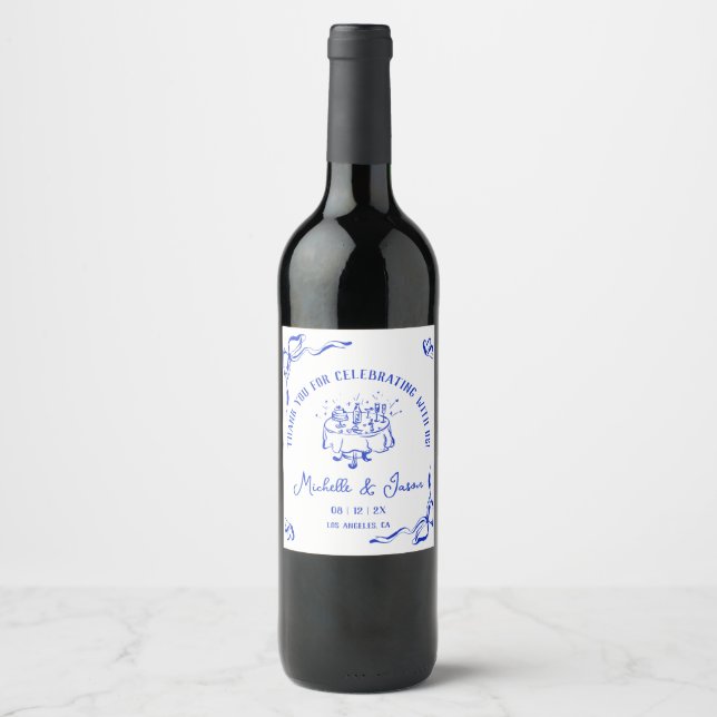 Unique Whimsical Hand Drawn French Bow Thank You Wine Label (Front)
