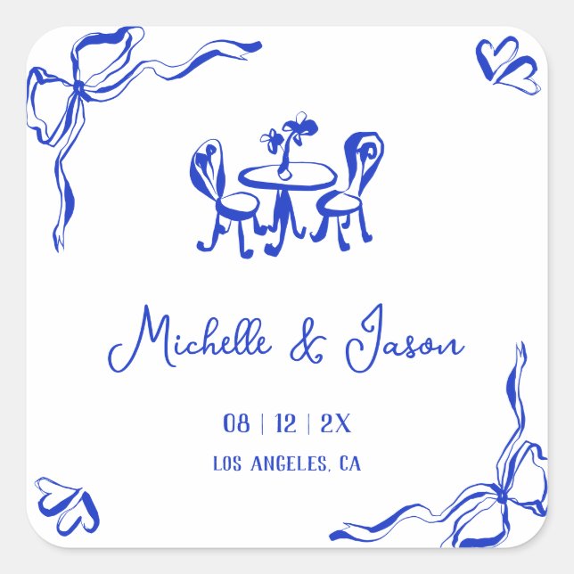 Unique Whimsical Quirky Blue Hand Drawn French Bow Square Sticker (Front)