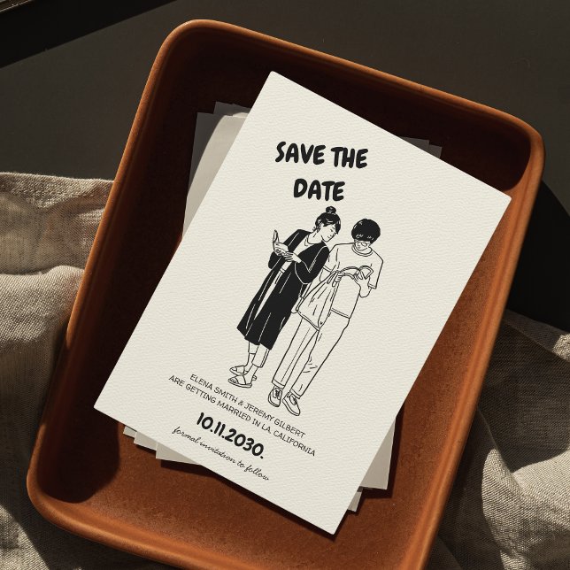 Unique Whimsical Quirky Hand Drawn Couple Wedding Save The Date (Hand Drawn Save the Date Unique Quirky Funny Effortless Cool Aesthetic Black and White )