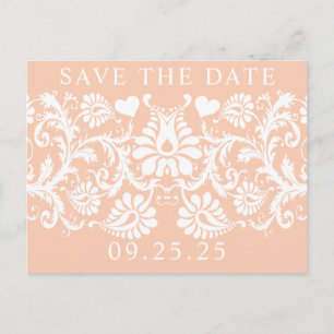 Unique White Damask and Vintage Red Save the Date Announcement Postcard