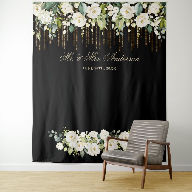 Unique White Floral Black Wedding Photo Booth Tapestry (In Situ)