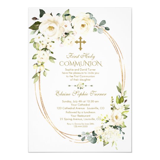 Unique White Flowers Gold First Holy Communion Invitation | Zazzle.ca