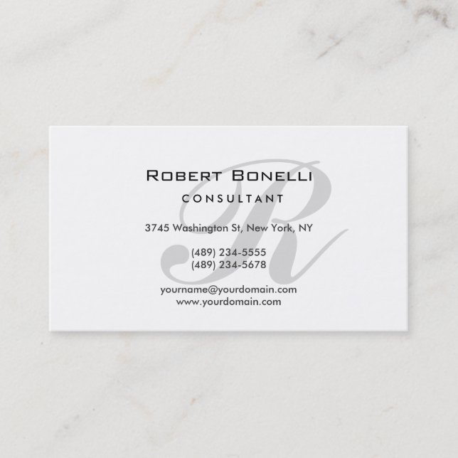 Unique White Grey Monogram Business Card (Front)