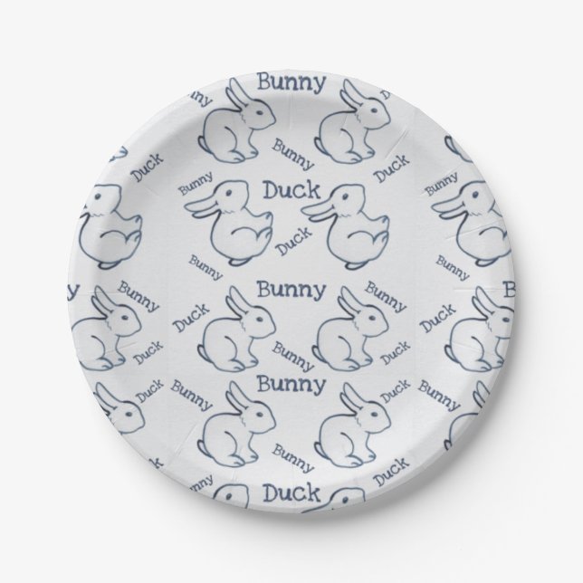 Unique White Rabbit Duck Illusion Drawing Easter Paper Plate (Front)