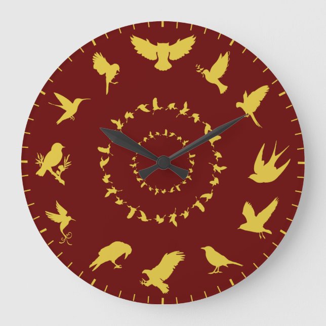 Unique Wild Bird Gold Silhouettes Themed Large Clock (Front)