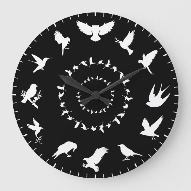 Unique Wild Bird White Silhouettes Themed Large Clock (Front)