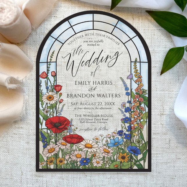 Unique Wildflower Stained Glass Arch Wedding Acrylic Invitations (Modern wildflower daisy sunflower poppy stained glass window floral arch acrylic wedding invitation)