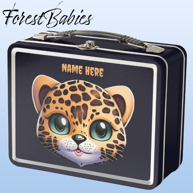 Unique Wildlife Leopard kitty cat cartoon graphic Metal Lunch Box (Leopard, Black ForestBabies Lunch Box)