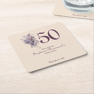 Unique Woman's Plum Cream Floral 50th Birthday Square Paper Coaster