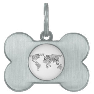 Unique World Map Art Doodle Pet Name Tag
