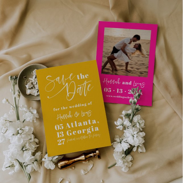 Unique Yellow Bold Calligraphy Photo Save The Date Invitation (Creator Uploaded)