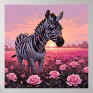 Unique Zebra in Pink Roses Field Painting Poster