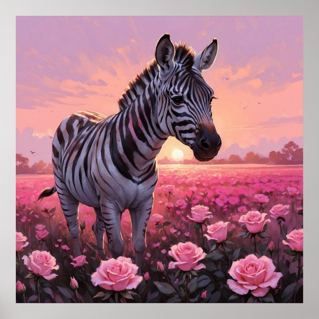 Unique Zebra in Pink Roses Field Painting Poster (Front)