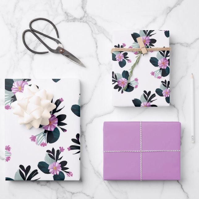Uniquely purple flowers wrapping paper sheet (Front)