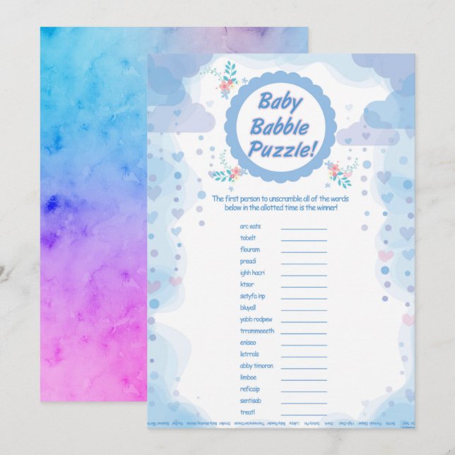 unisex baby babble party game invitation (Front/Back)