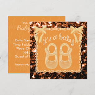 Unisex baby shower orange bronze sparkles Invite