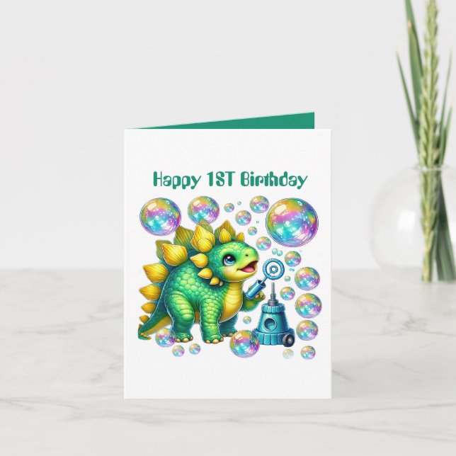 Unisex baby's first Birthday dinosaur bubbles Card (Front)