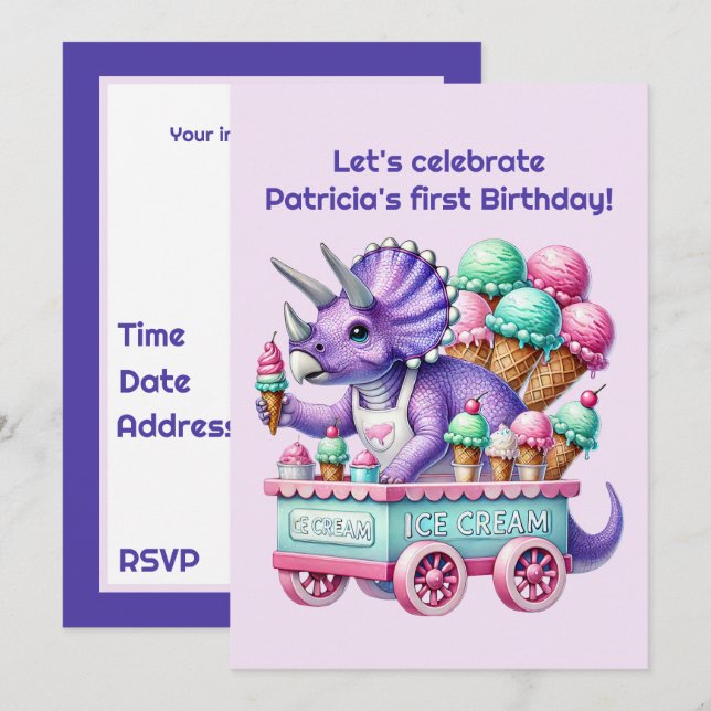 Unisex kids dinosaur ice cream party  invitation (Front/Back)