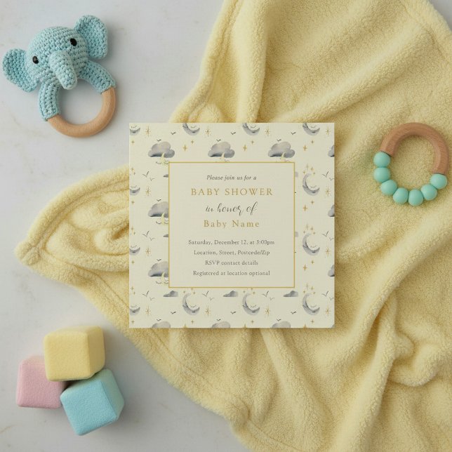Unisex Lune et nuages baby shower invitation (Unisex moon and clouds baby shower invitation.)