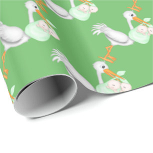 Unisex twin babies with stork wrapping paper
