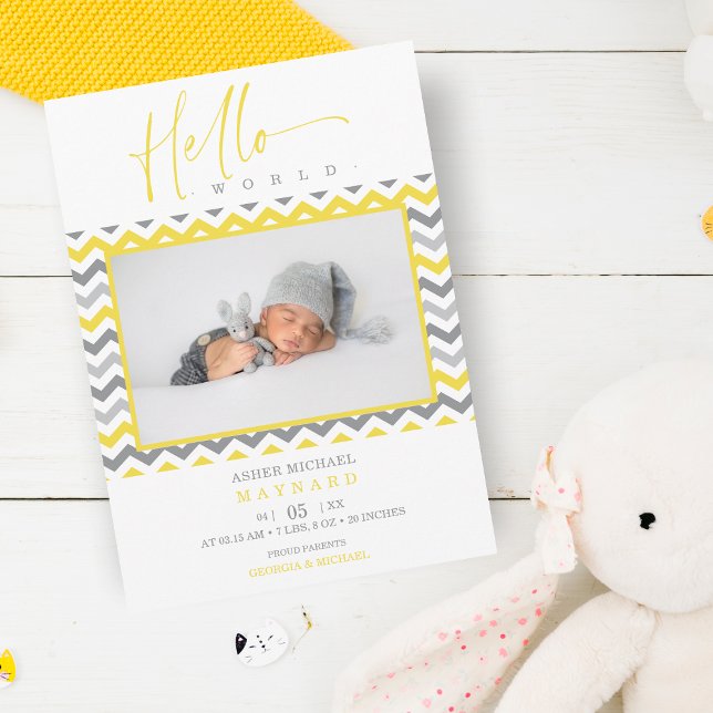 Unisex Yellow Grey Zigzag Hello World Newborn Announcement (Creator Uploaded)
