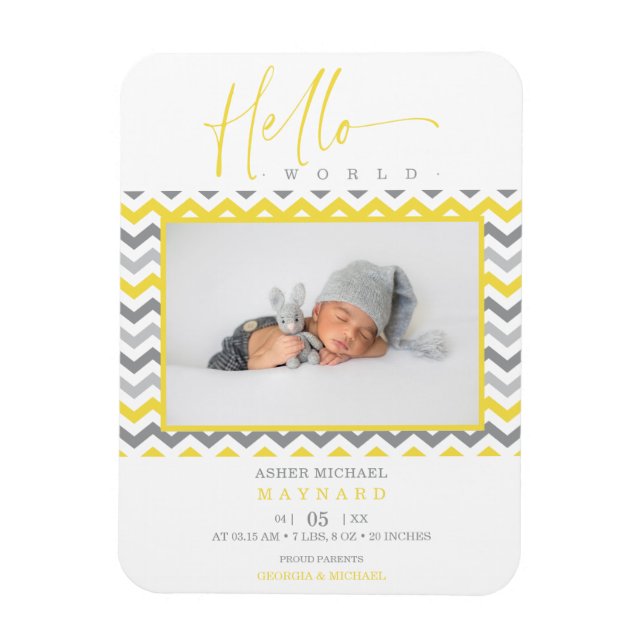 Unisex Yellow Grey Zigzag Hello World Newborn Magnet (Vertical)
