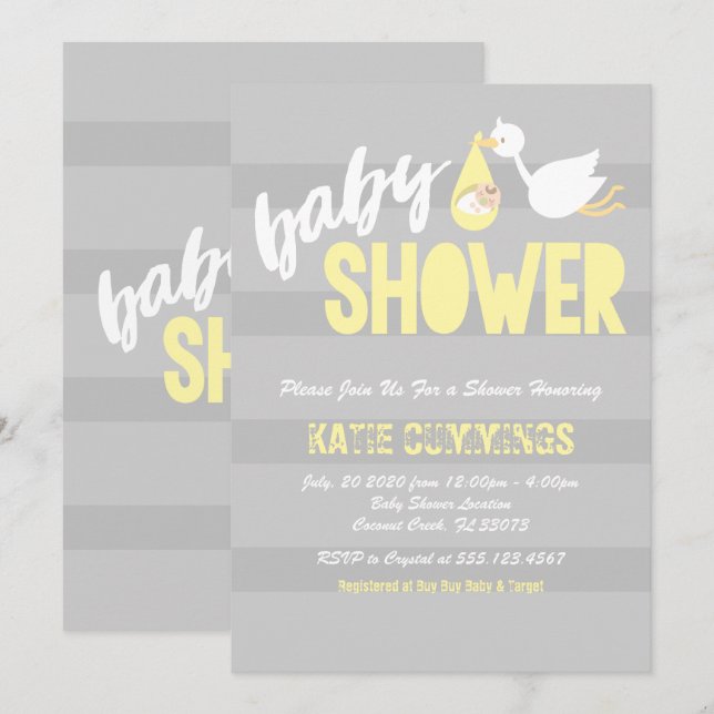 Unisexe, invitation de baby shower de cigogne (Devant / Derrière)