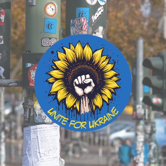Unite for Ukraine Sunflower & Fist Classic Round Sticker (Creator Uploaded)