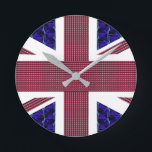 United Kingdom Flag, England, Great Britain Flag Round Clock<br><div class="desc">United Kingdom Flag, England, Great Britain Flag Clock.
The flag is made with images of Gemstones:
The blue background are rectangular shaped blue Sapphires.
The Red stripes are rectangular shaped Rubies.
The Stars are Diamonds.</div>