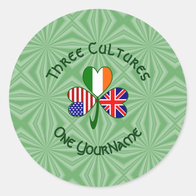 United Kingdom Ireland USA Flags Shamrock Name Classic Round Sticker (Front)