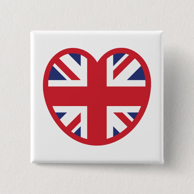 United Kingdom Union Jack Flag Heart 2 Inch Square Button (Front)