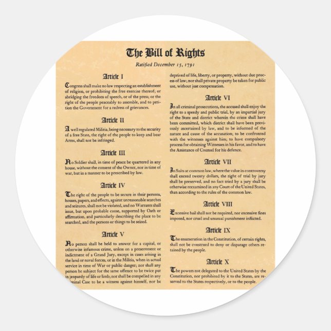 United States Bill of Rights Classic Round Sticker (Front)